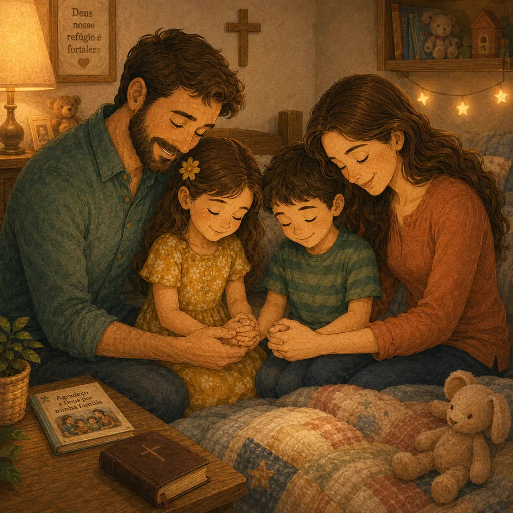 Pais e filhos orando juntos de mãos dadas na hora de dormir com a Bíblia e o card devocional