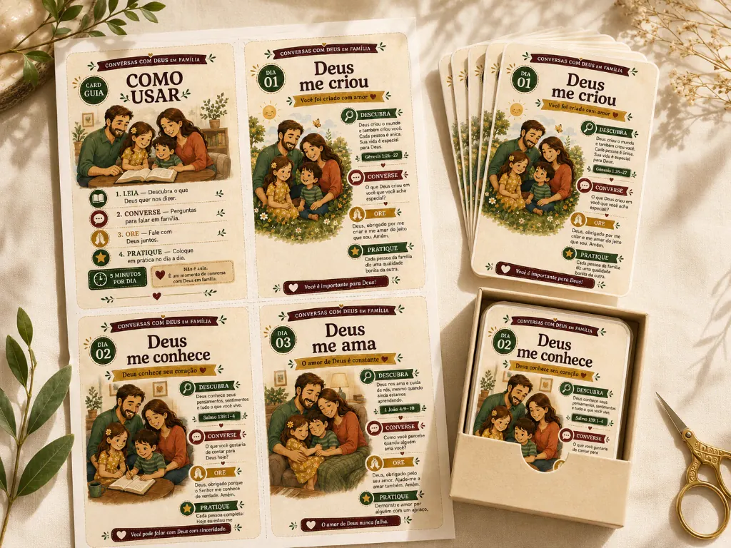 Folha A4 com quatro cards impressos, cards recortados e uma caixinha para guardá-los